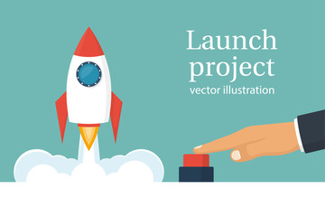 Startup working enterprise. Launch project. Business concept. Businessman hand pushing start button. Vector illustration cartoon flat design. Isolated on white background. Rocket of launch metaphor.