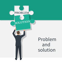 Problem and solution concept. Businessman holding in hand piece of jigsaw puzzle. Business concept. Creative problem solving. Vector illustration flat design. Isolated on white background.
