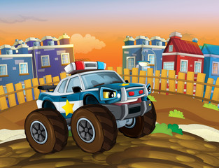 cartoon police car looking like monster truck driving through the city - illustration for children