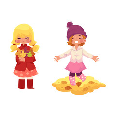 vector girls children wearing autumn clothing, rubber boots rejoice, playing with autumn leaves. cartoon isolated illustration on a white background. Autumn activity kids concept