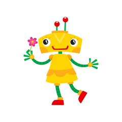 vector flat cartoon funny friendly robot. Small Humanoid girl character with legs arms, with locator on head holding flower smiling . Isolated illustration on a white background.