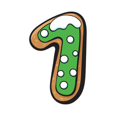 Glazed one, 1 number shaped homemade Christmas gingerbread cookie, sketch vector illustration isolated on white background. Decorated Christmas glazed gingerbread cookie in shape of one, 1 number