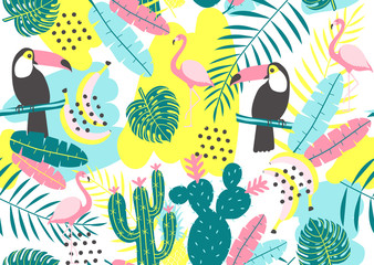 Tropical seamless pattern with toucan, flamingos, cactuses and exotic leaves. Vector illustration.