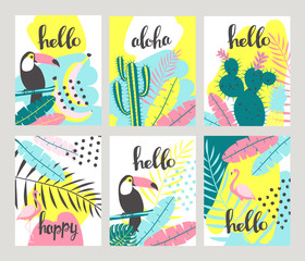 Floral posters set in a tropical style with exotic leaves, toucan, pineapple, flamingos. Can be used for cards, posters, invitations, flyers. Vector illustration