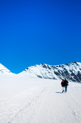 Fototapeta na wymiar Tourists trekking at Jungfrau, Swiss Alps of Switzerland.