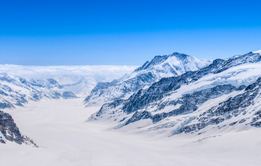 Fototapeta na wymiar Great Aletsch Glacier, Jungfrau, Swiss Alps Snow Mountain Landscape of Switzerland.