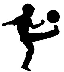 Happy little boy with ball playing football vector silhouette illustration isolated on white background.