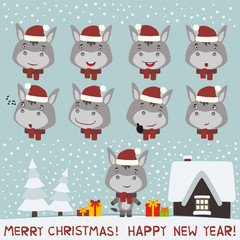 Merry christmas and Happy new year! Set face donkey for christmas and new year design. Collection isolated heads of donkey in cartoon style.