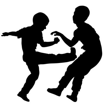 Two boys fighting vector silhouette. Two young brothers fighting vector silhouette illustration. Angry kid terror. Street hitting and punching after school.