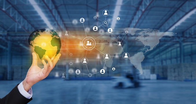 Social connection and networking for distribution of goods in warehouse process , Logistic Import Export background (Elements of this image furnished by NASA)