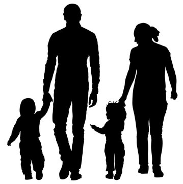 Happy young family holding hands vector silhouette illustration isolated on background. Fathers day. Mothers day. Dad with son and mom with daughter walking. 