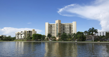 Fort Myers Beach bay side skyline view as seen from the water.