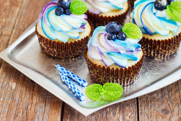 Gentle cupcake with cream and berries on a light background