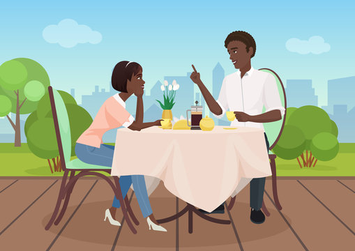 African american Man and woman dinner in a restaurant. Lovers couple cartoon vector illustration.