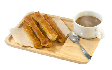 Butter sticky bread and coffee delicious snack Isolated on white background with clipping path