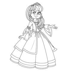 Cute princess teen in lush dress and tiara shows away from herself outlined picture for coloring book on white background