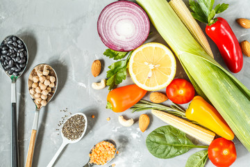 Vegan background. Ingredients for a vegetarian diet.