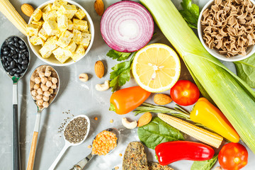 Vegan background. Ingredients for a vegetarian diet.