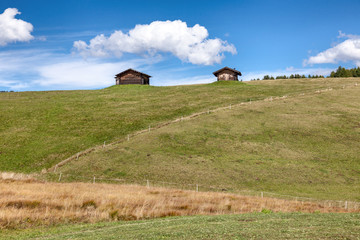 Fototapeta na wymiar Two wooden huts in mountain pastures