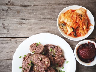 Soondae sausage with kimchi and  gochujang paste Korean food