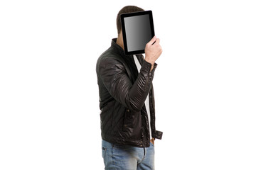 Man in leather jacket with tablet