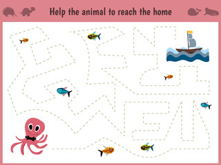 Cartoon illustration of education. Matching game for preschool kids trace the path of a big octopus in the sea to eat all the fish. Education and games. Learn handwriting. Vector