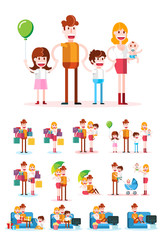 Set of Familiar People Scenes on White Background. Isolated Flat Vector Illustration