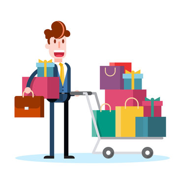 recommend clip art: Flat Businessman Shopping on White Background. Isolated Flat Vector Illustration