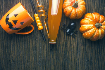 decor party halloween drink and pumpkin on wood ground