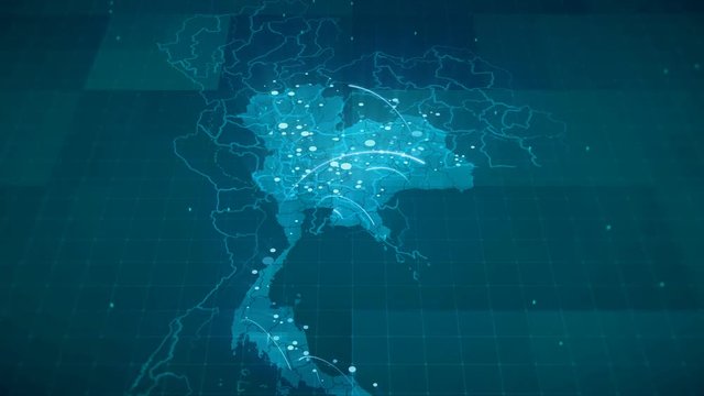 This animated blue Thailand map with connections between important centers of cities or other indicators. Perfect For: hi-tech promotion, dynamic slideshows,, trailers, sci-fi openers and etc.