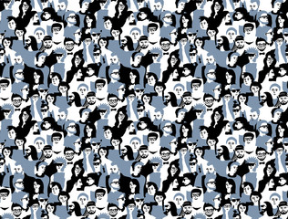 Different people crowd seamless pattern gray and black.