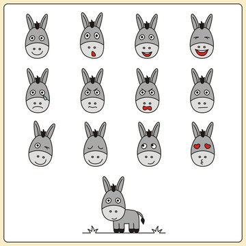 Set face funny donkey in cartoon style. Collection isolated heads of donkey on white background.