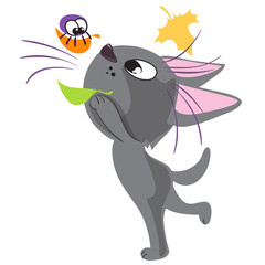 Little kitten playing with Autumn leaves and his friend spider