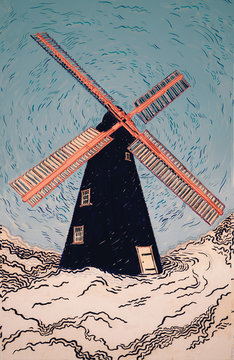 Illustration of black and red windmill