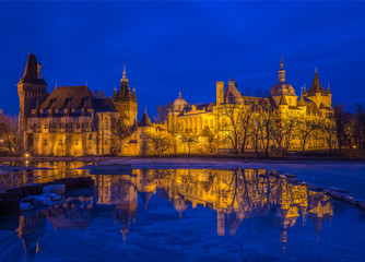 Fototapeta na wymiar Budapest, Hungary - The famous Vajdahunyad castle at blue hour with reflection