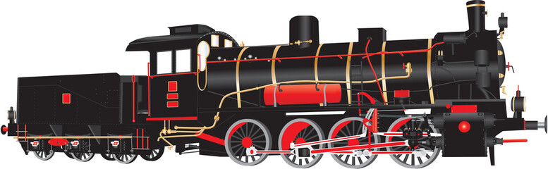 A Detailed vector illustration of Black and Red Vintage Eight Wheeled Steam Freight Tender Locomotive with brass fittings