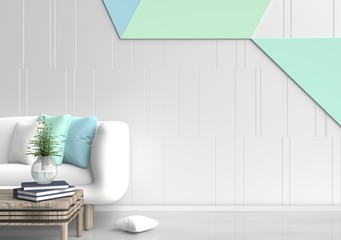 Pastel  room are decorated with white sofa, tree in glass vase,light green and light blue pillows, Blue book, pastel cement wall it is grid pattern and the white cement floor. 3d rendering.