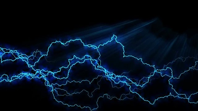 Electricity crackling. Abstract background with electric arcs. Realistic lightning strikes.Thunderstorm with flashing lightning. Seamless looping. BLue.