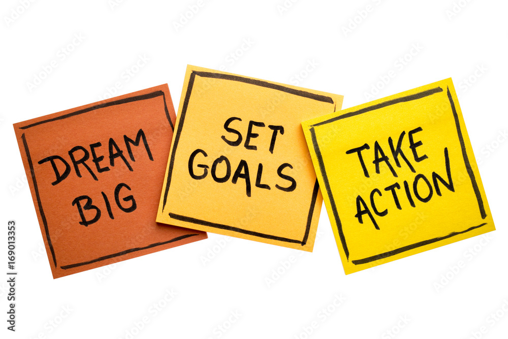 Sticker dream big, set goals, take action concept