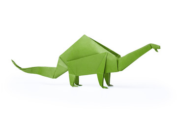 Isolated origami paper green dinosaur brontosaurus - obrazy, fototapety, plakaty
