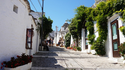 ALBEROBELLO, ITALY - JULY 31, 2017: Beautiful street of Alberobello with trulli houses among green plants and flowers, main touristic district, Apulia region, Southern Italy