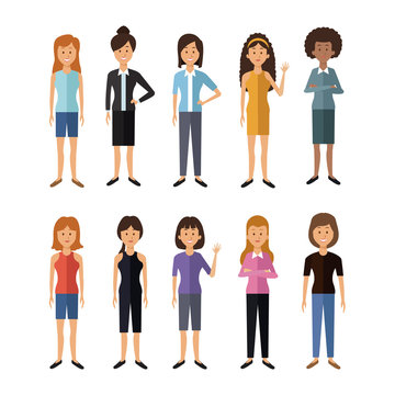 white background with full body group female people of the world vector illustration
