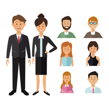 white background with full body executive couple and half body icons group people of the world diversity vector illustration