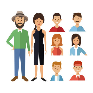 white background with full body casual clothing couple and half body icons group people of the world diversity vector illustration