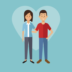 color background with heart shape of full body couple young man and woman with short straigth hairstyle vector illustration