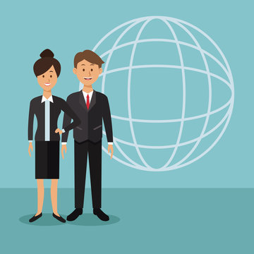 color background with globe map shape of full body couple of the world diversity vector illustration
