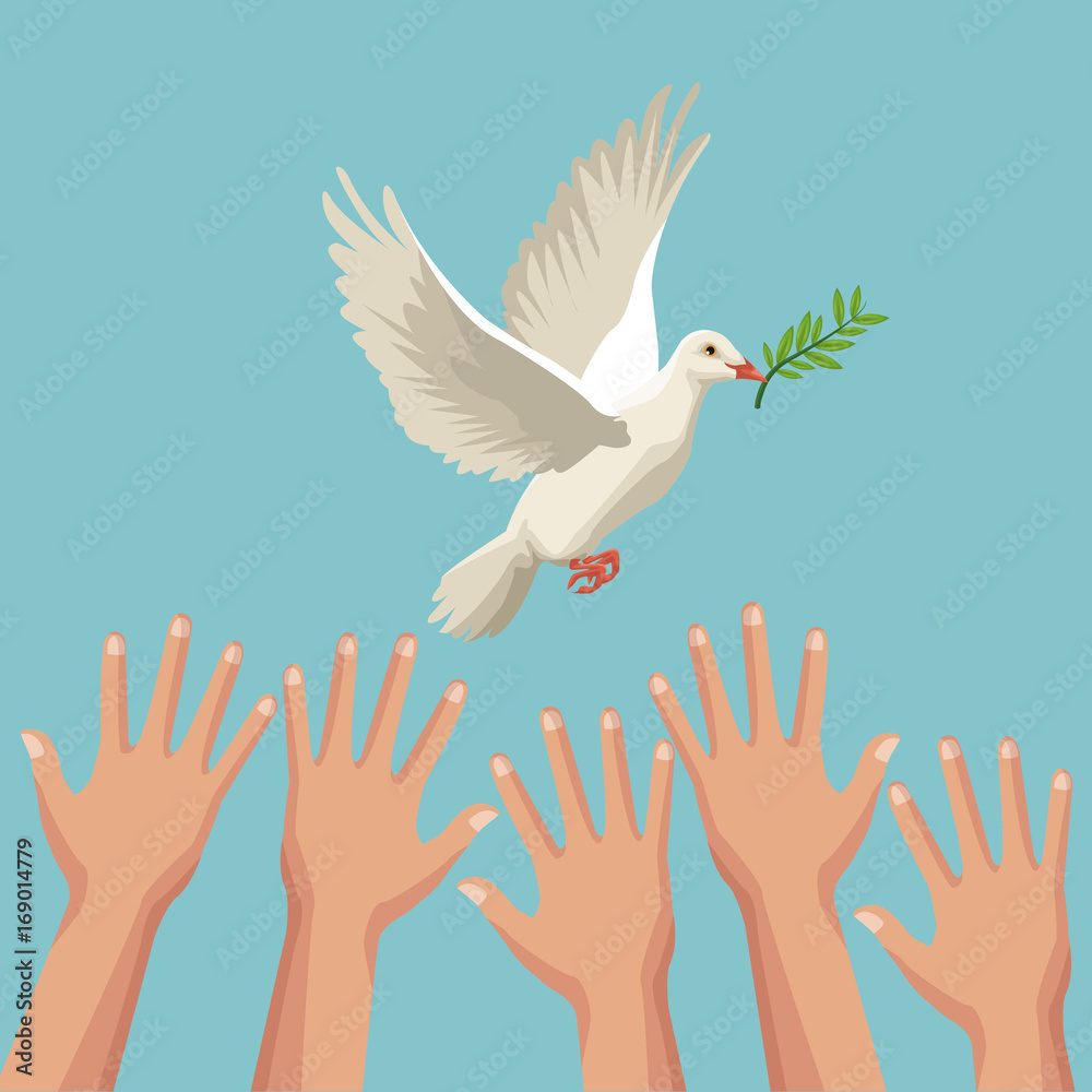 Wall mural color poster hands and pigeon peace symbol with olive branch in peak vector illustration