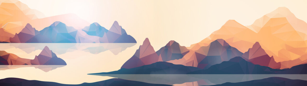 Geometric Coast Mountains and Sunset Background Panorama - Vector Illustration