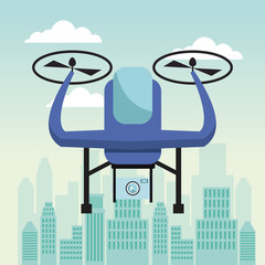 city landscape scene with drone with two airscrew flying and device camera vector illustration