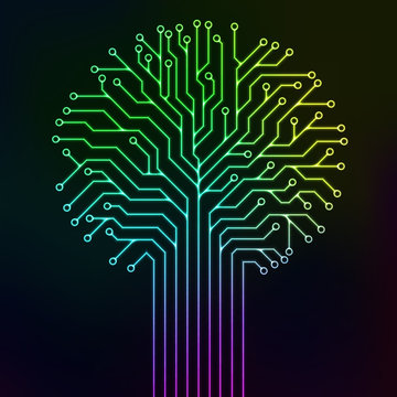 Circuit printed board in the shape of a tree with multicolor neon lines